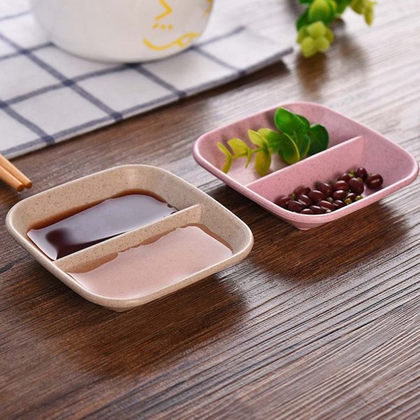 1Pc Home Kitchen Seasoning Tableware Snack Plate Dish Dish Wheat Straw Double Grid Small Dish Vinegar Soy Sauce Dish